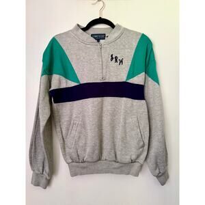 Vintage 80s Men’s Sports Accent Colorblock Gray Teal Hoodie Sweatshirt JRW Small